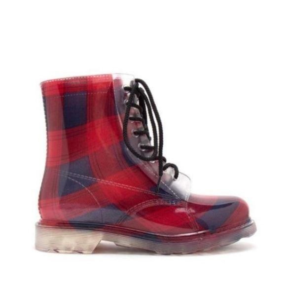 !! NEW !! Plaid Lace Up Combat Style Rain Boots - Picture 11 of 11